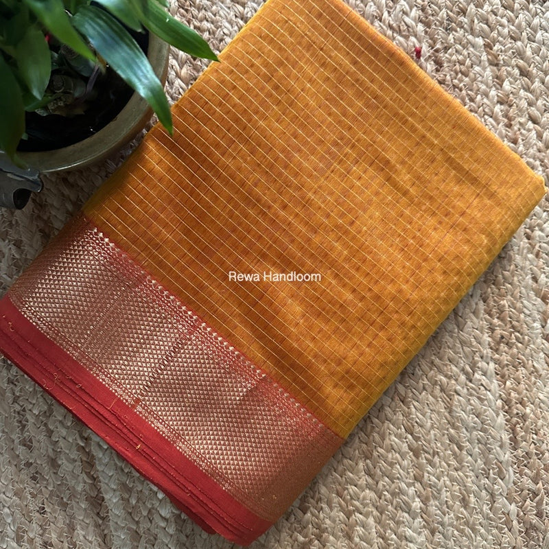 Maheshwari Turmeric Yellow Zari Checks Saree ZCHX388