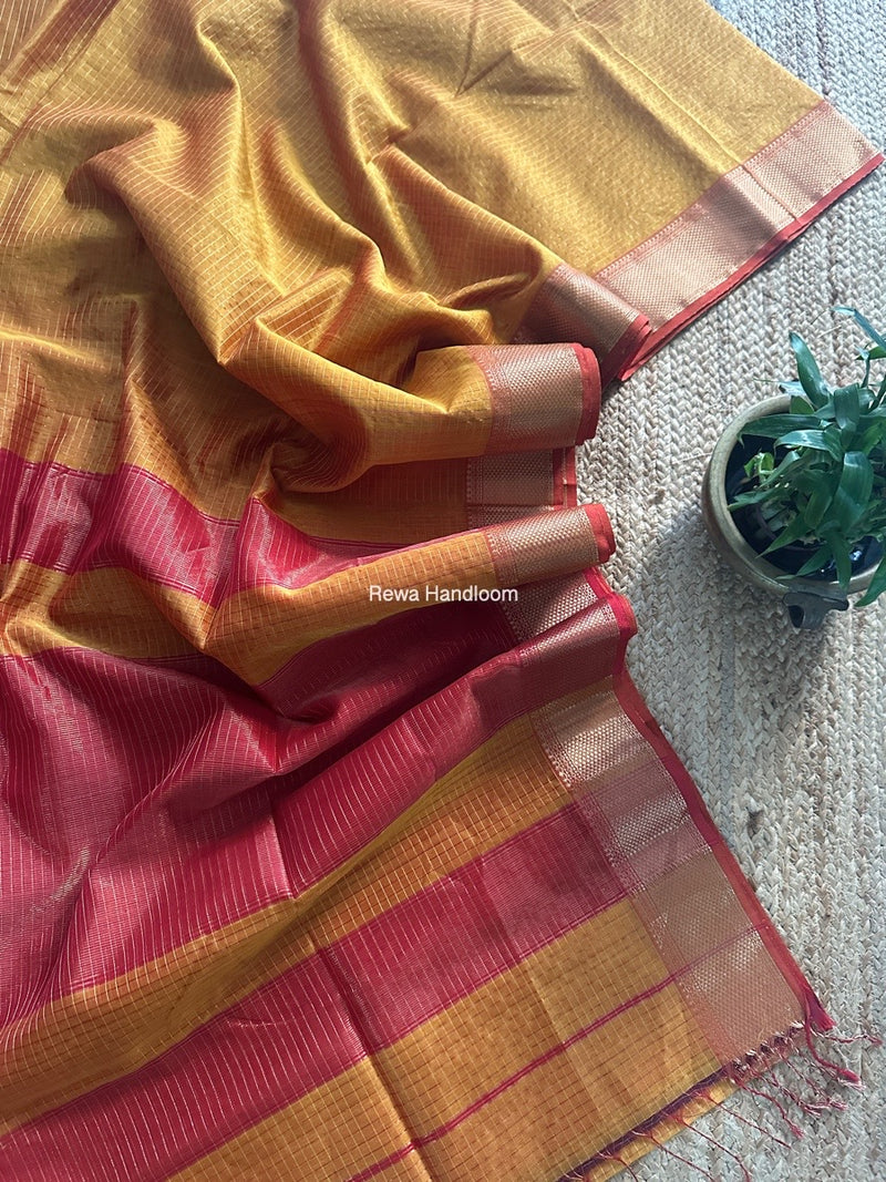 Maheshwari Turmeric Yellow Zari Checks Saree ZCHX388