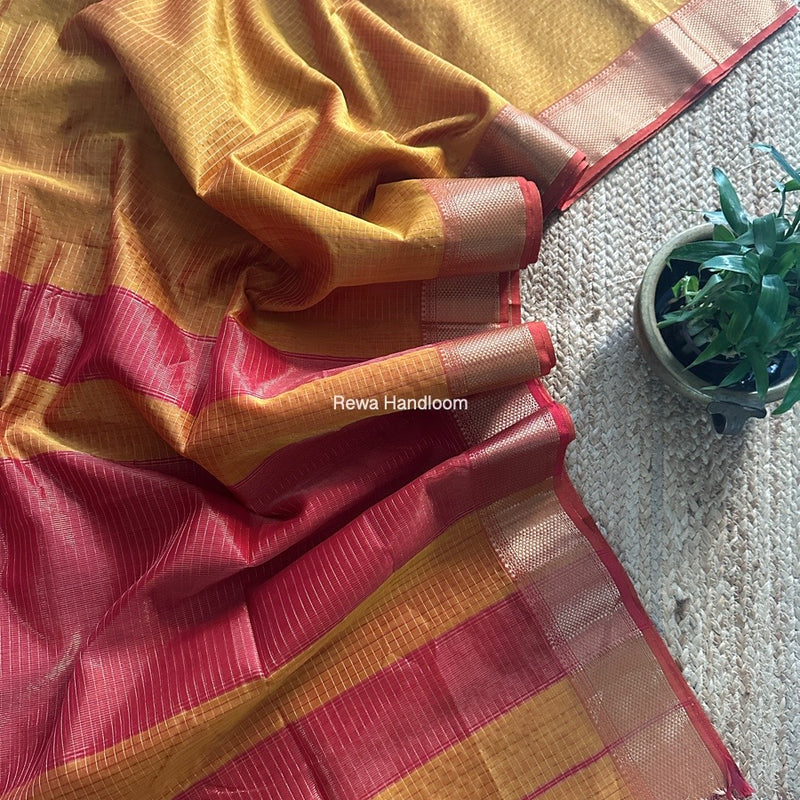 Maheshwari Turmeric Yellow Zari Checks Saree ZCHX388