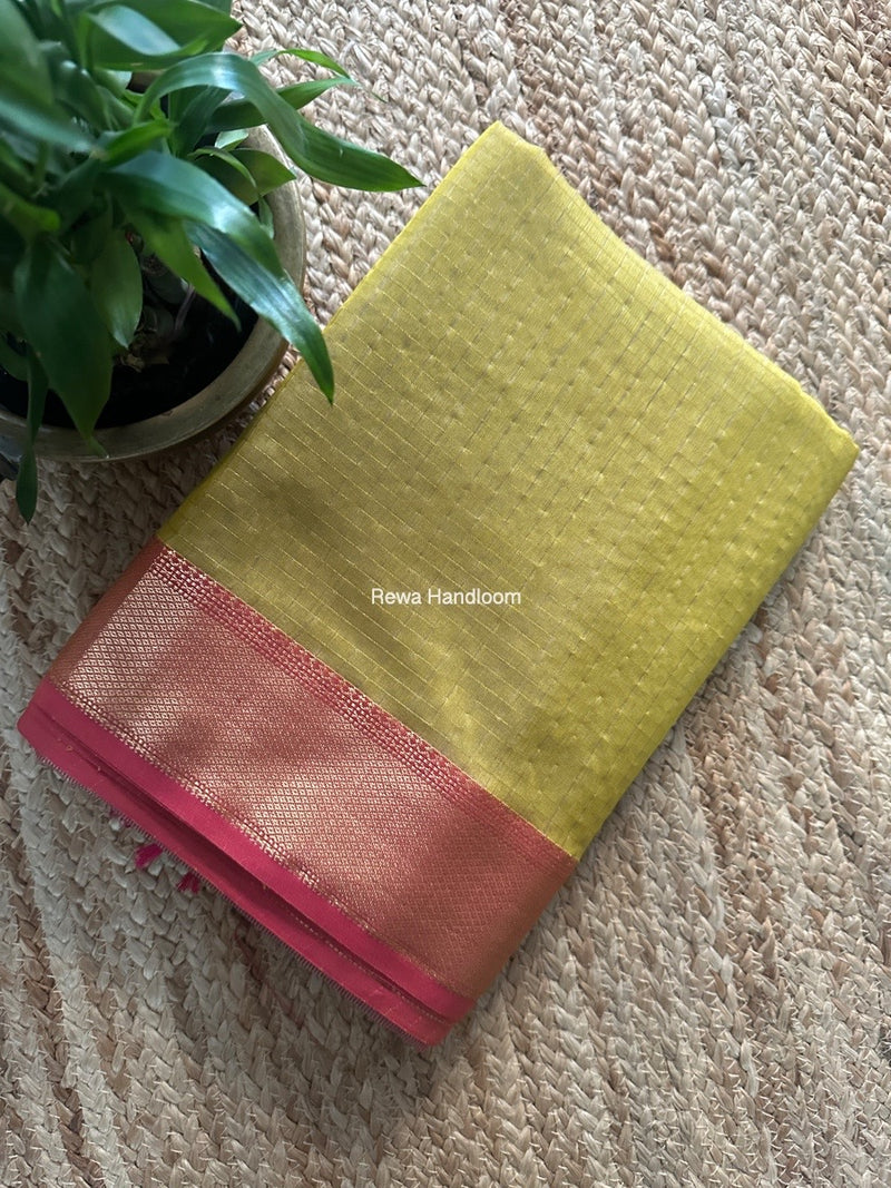 Maheshwari Lemon Yellow Zari Checks Saree ZCHX392