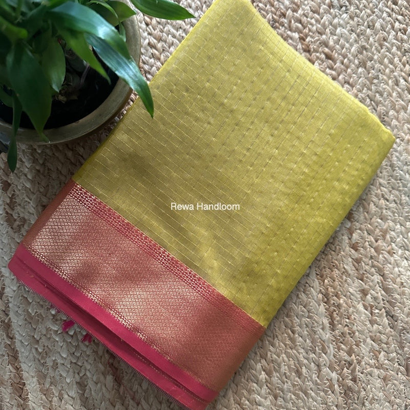 Maheshwari Lemon Yellow Zari Checks Saree ZCHX392