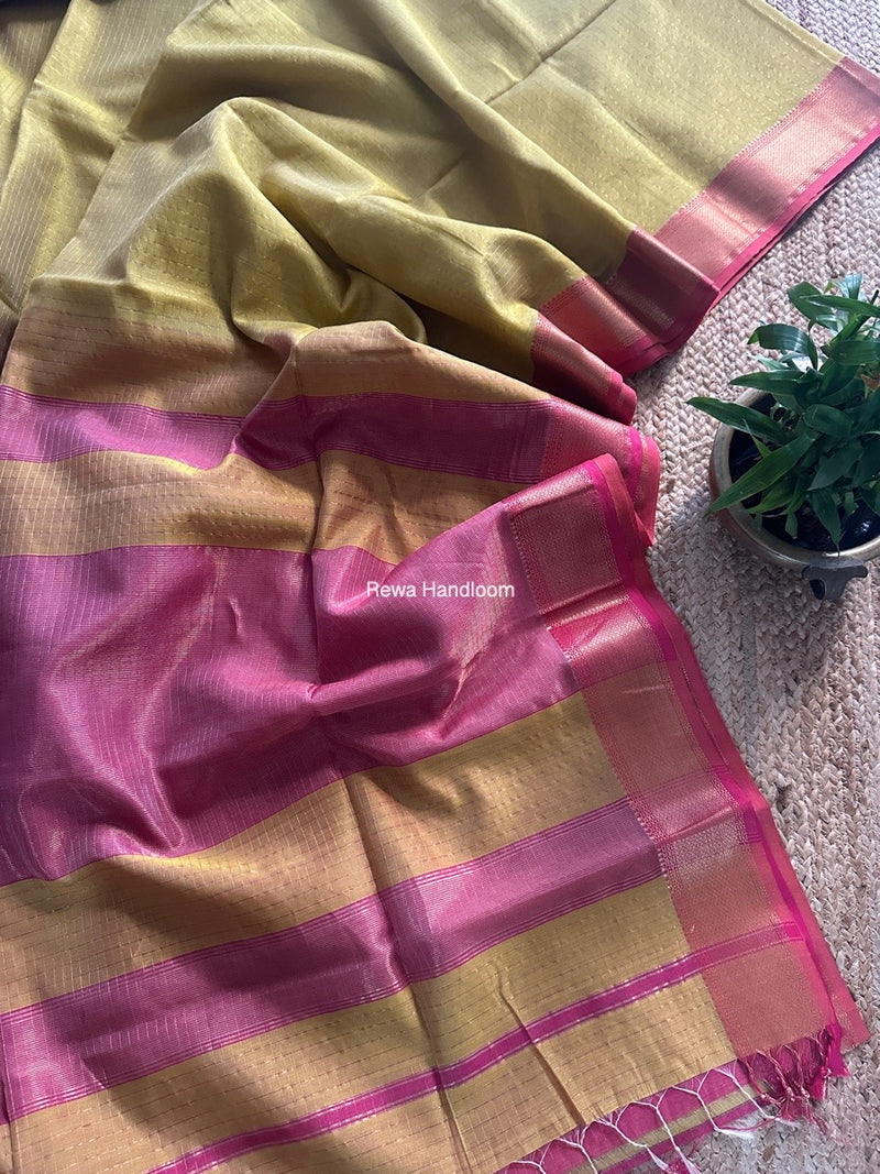 Maheshwari Lemon Yellow Zari Checks Saree ZCHX392