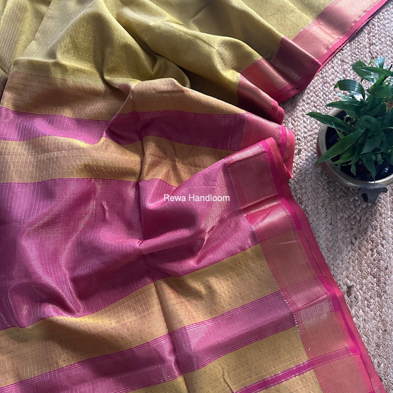 Maheshwari Lemon Yellow Zari Checks Saree ZCHX392