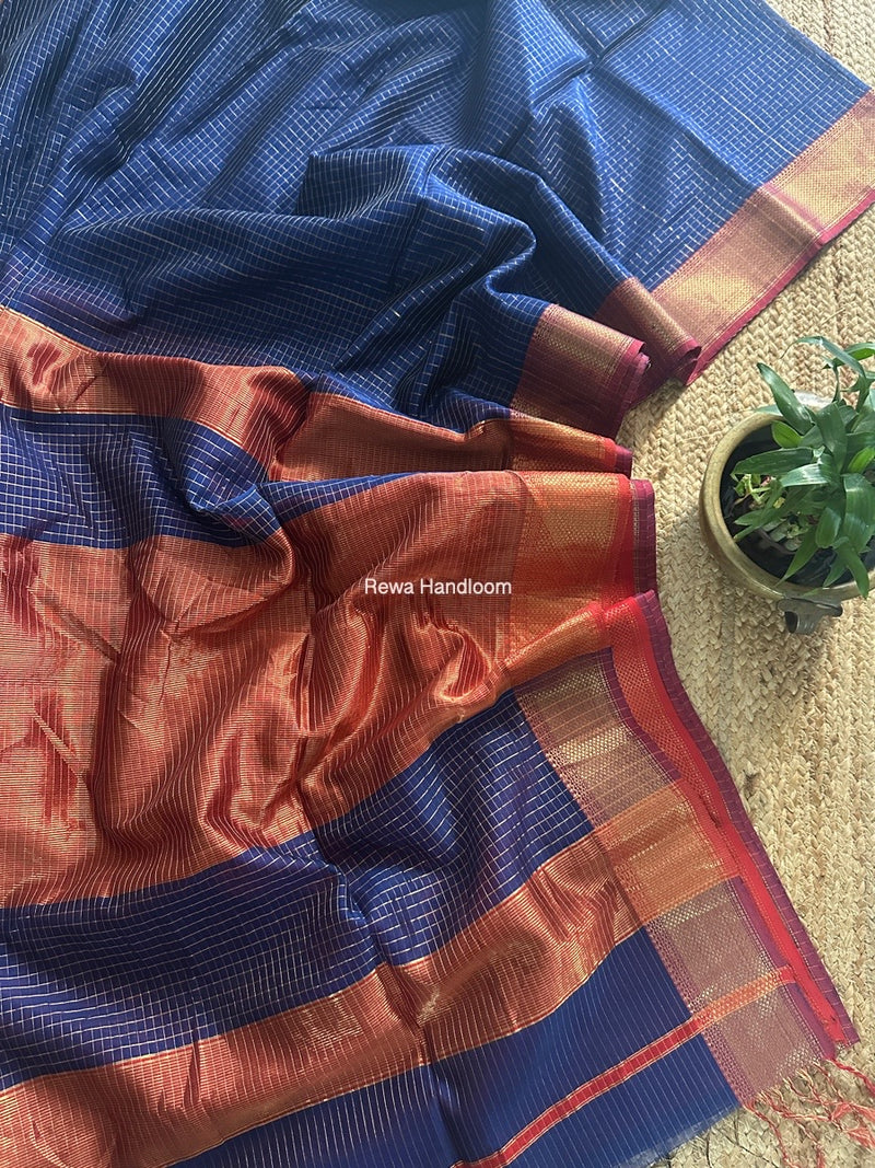 Maheshwari Blue Zari Checks Saree ZCHX395