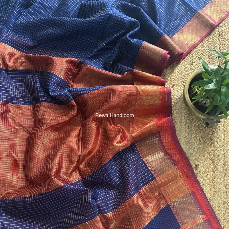 Maheshwari Blue Zari Checks Saree ZCHX395