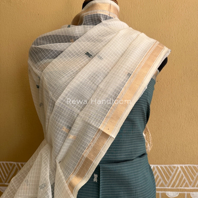 Maheshwari Dark Slate Grey-White Katan Motifs Top Dupatta Sets KBS055