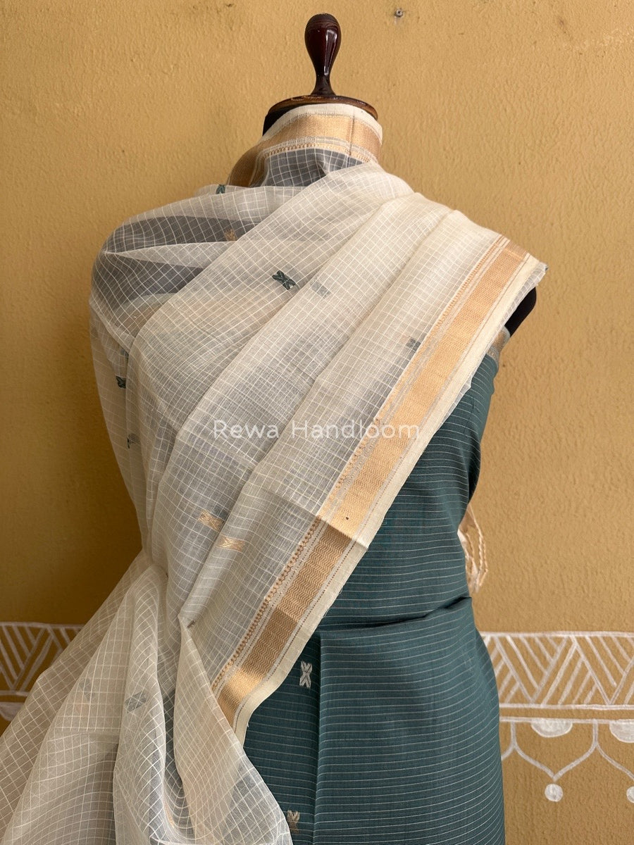 Maheshwari Dark Slate Grey-White Katan Motifs Top Dupatta Sets KBS055