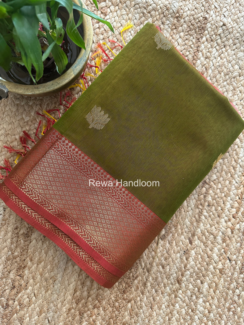 Maheshwari Mehndi Green Lotus Shaded Butta Saree SLB09