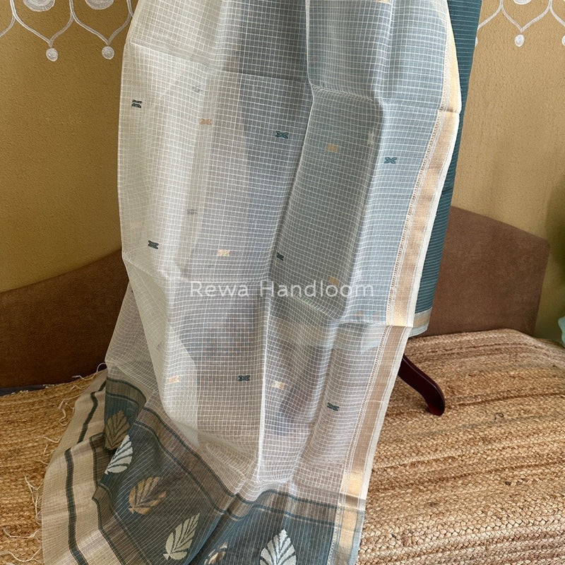 Maheshwari Dark Slate Grey-White Katan Motifs Top Dupatta Sets KBS055