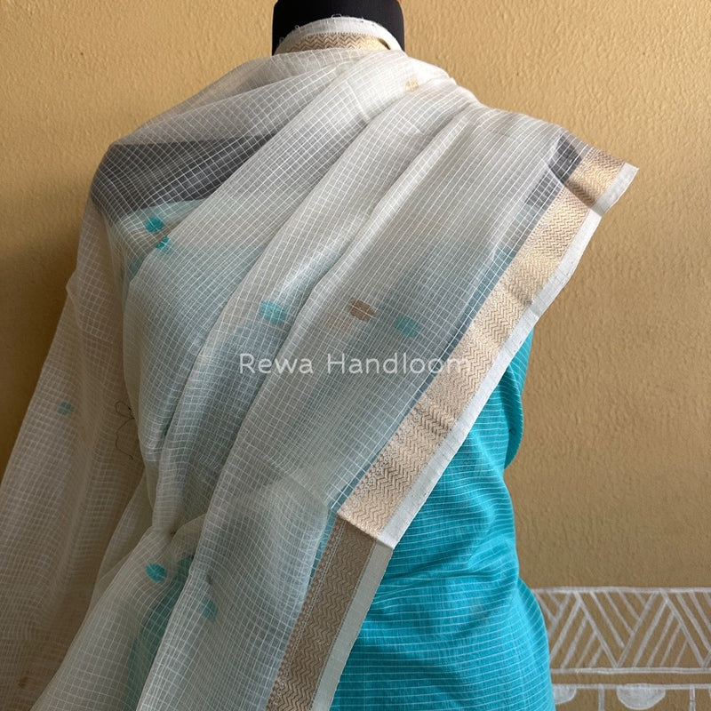 Maheshwari Firozi Blue-White Katan Motifs Top Dupatta Sets KBS04