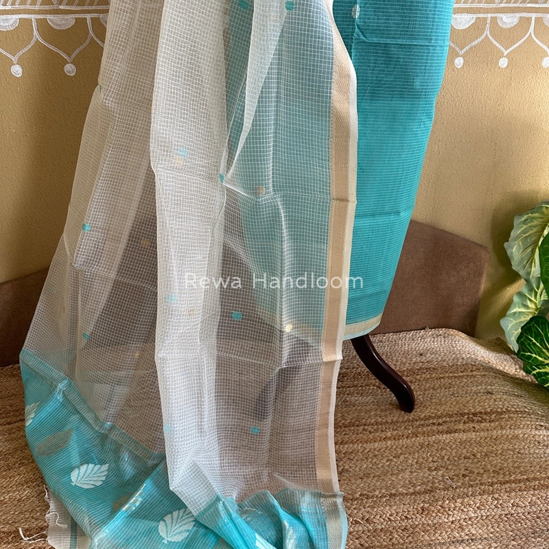 Maheshwari Firozi Blue-White Katan Motifs Top Dupatta Sets KBS04