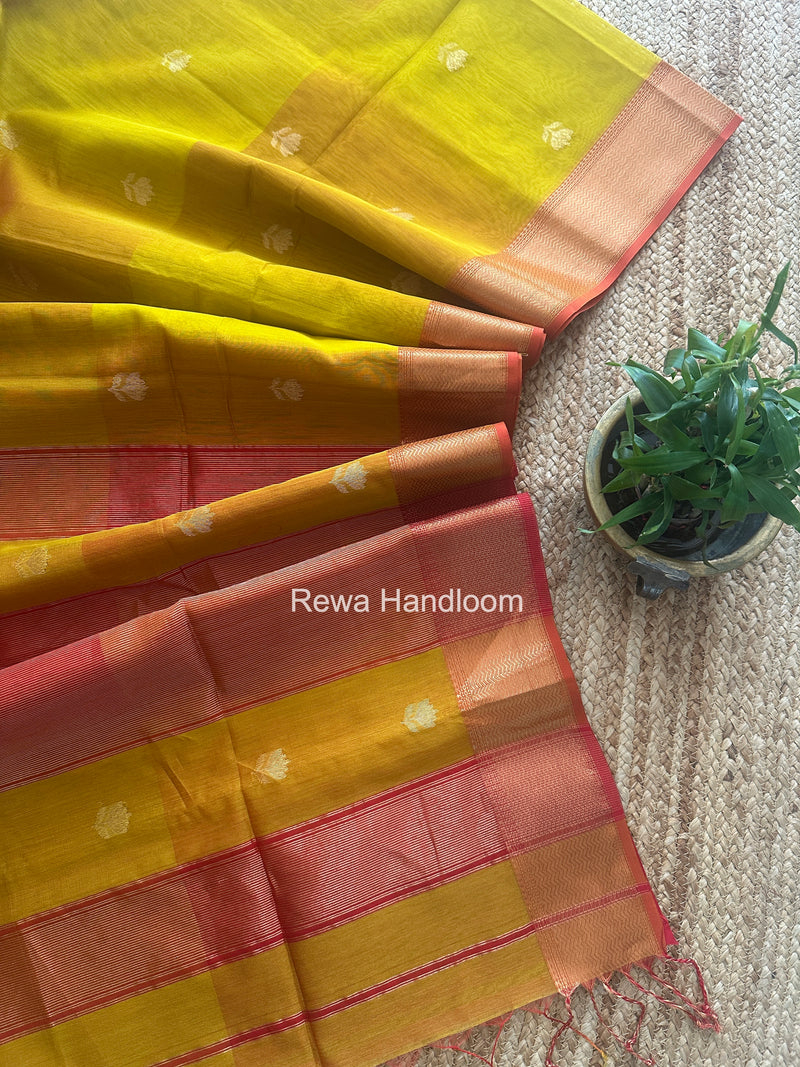 Maheshwari Mustard Yellow Lotus Shaded Butta Saree SLB06