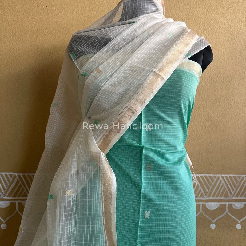 Maheshwari Sea Green-White Katan Motifs Top Dupatta Sets KBS023