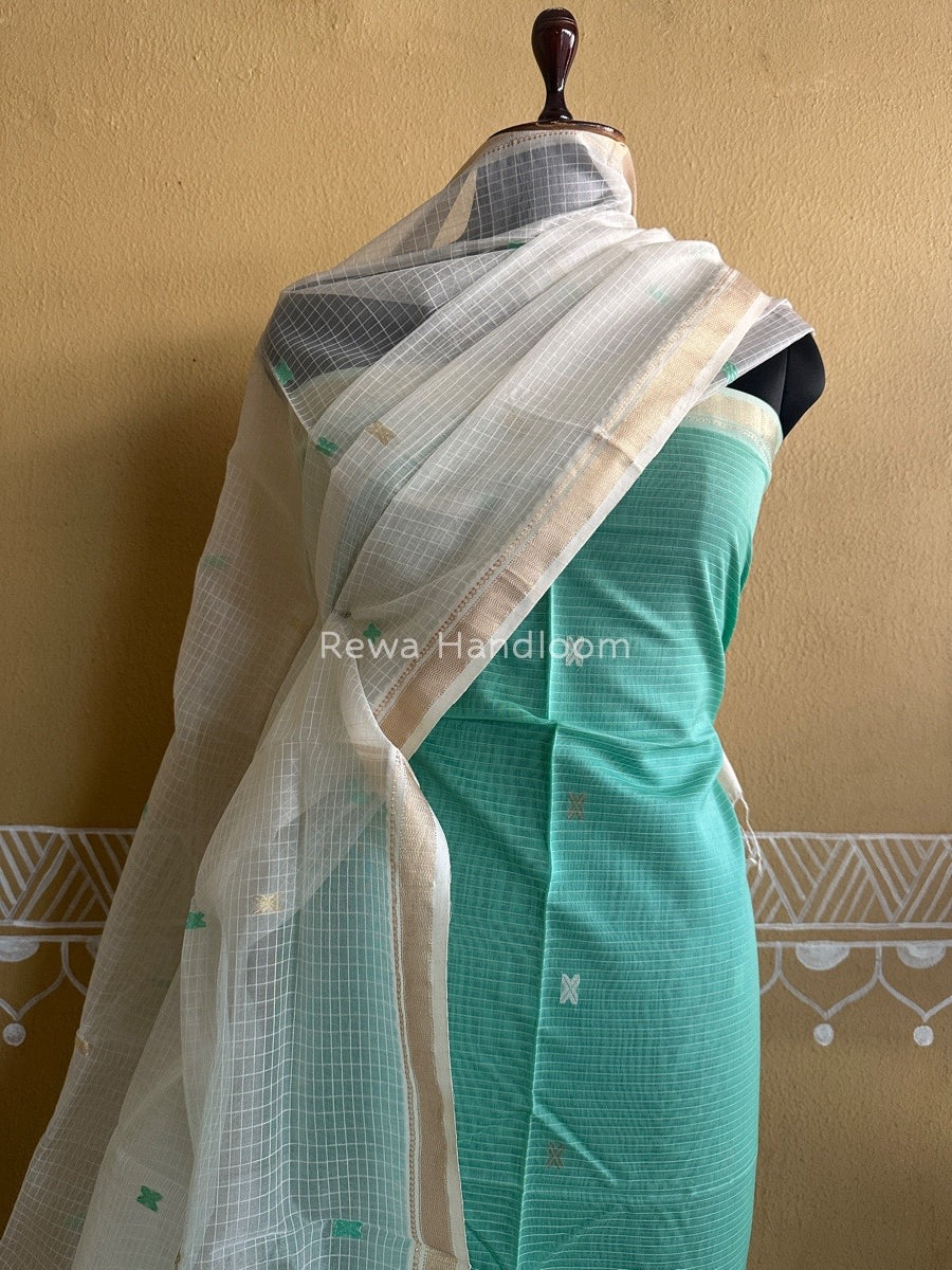 Maheshwari Sea Green-White Katan Motifs Top Dupatta Sets KBS023