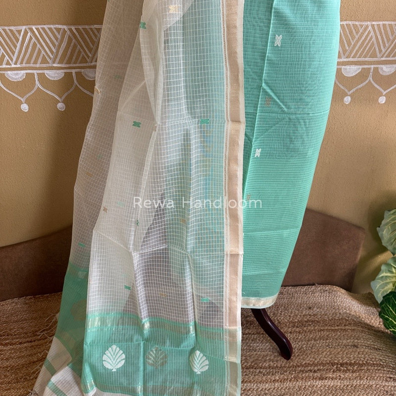 Maheshwari Sea Green-White Katan Motifs Top Dupatta Sets KBS023