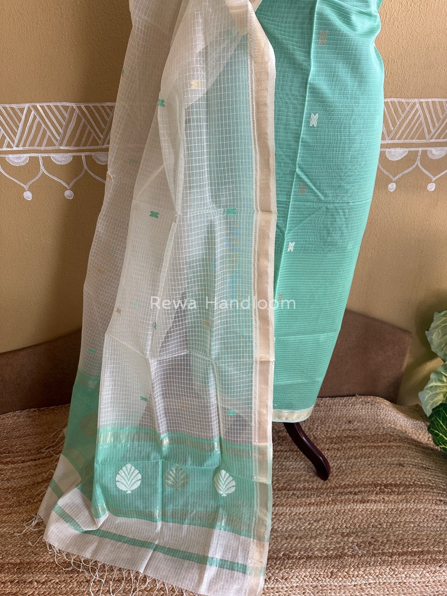 Maheshwari Sea Green-White Katan Motifs Top Dupatta Sets KBS023