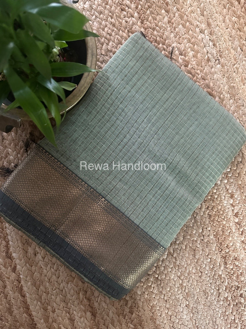 Maheshwari Light Pista Green Zari Checks Saree ZCHX356