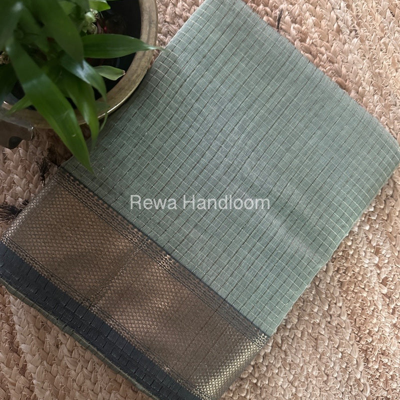 Maheshwari Light Pista Green Zari Checks Saree ZCHX356