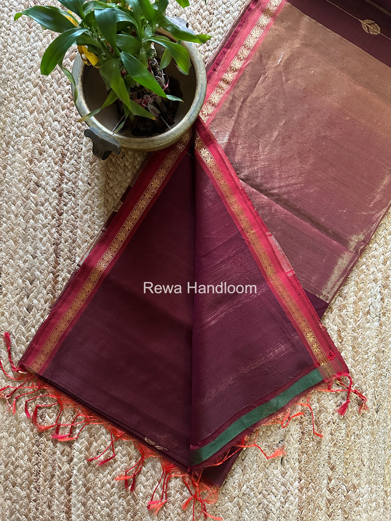 Maheshwari Wine Shaded Gajalakshmi Diya Butta Saree GKDB05