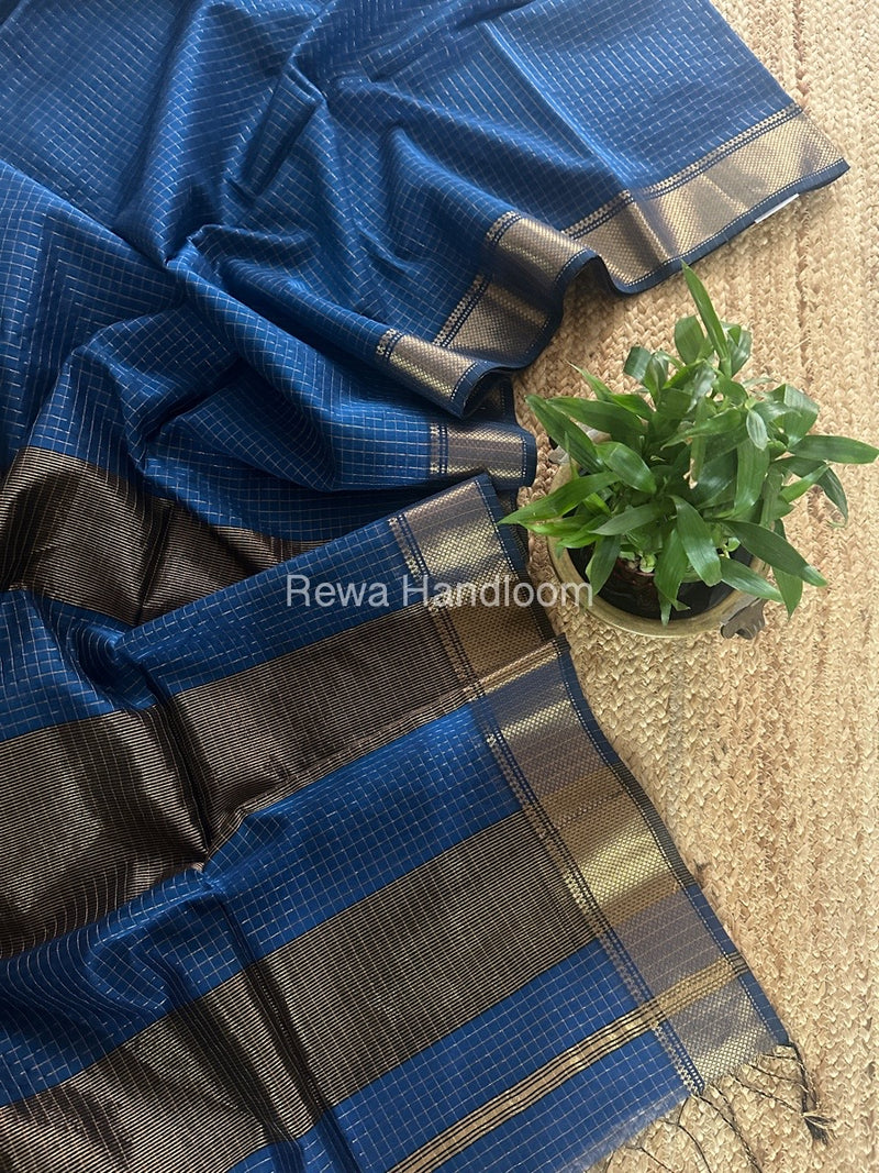 Maheshwari Blue Zari Checks Saree ZCHX357