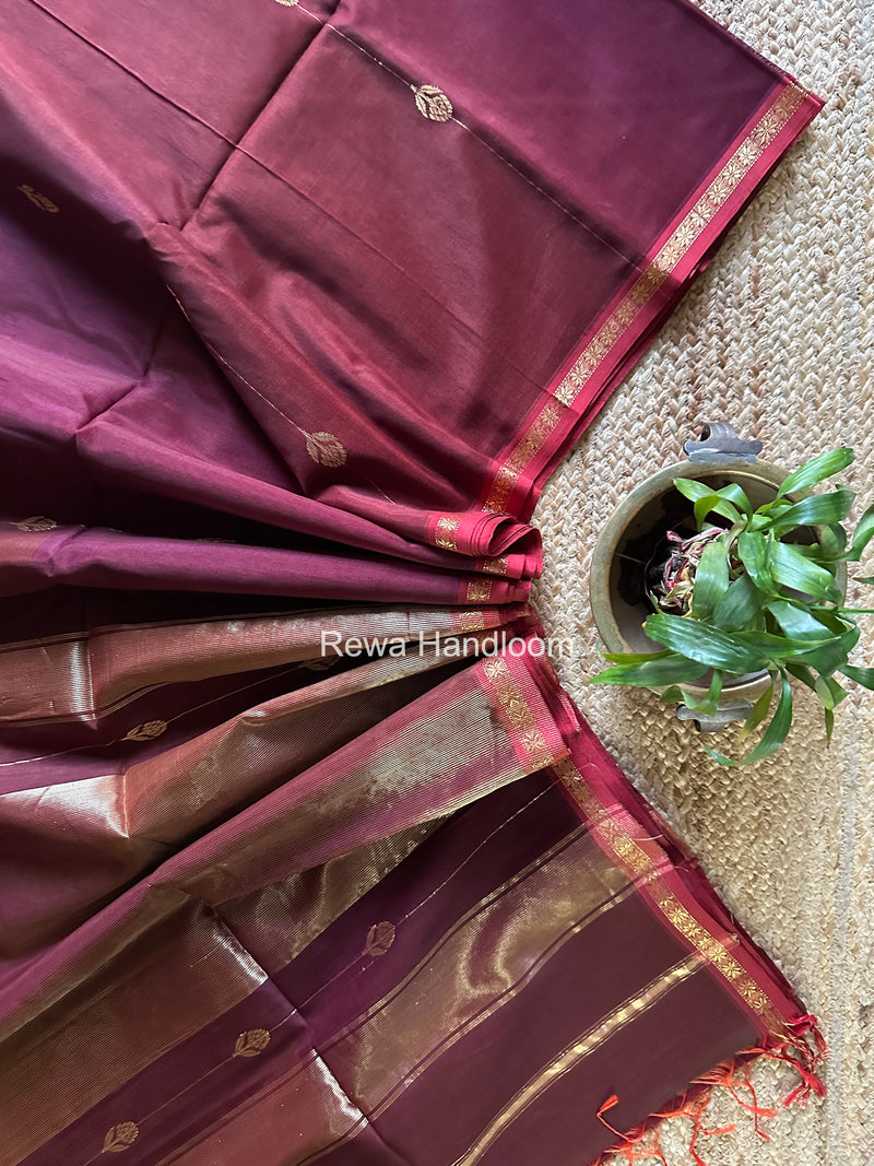 Maheshwari Wine Shaded Gajalakshmi Diya Butta Saree GKDB05