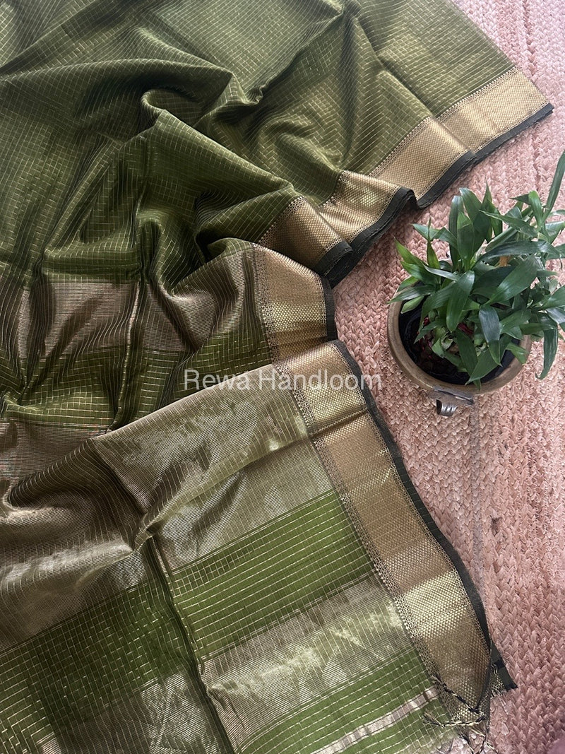 Maheshwari Mehendi Green Zari Checks Saree ZCHX358