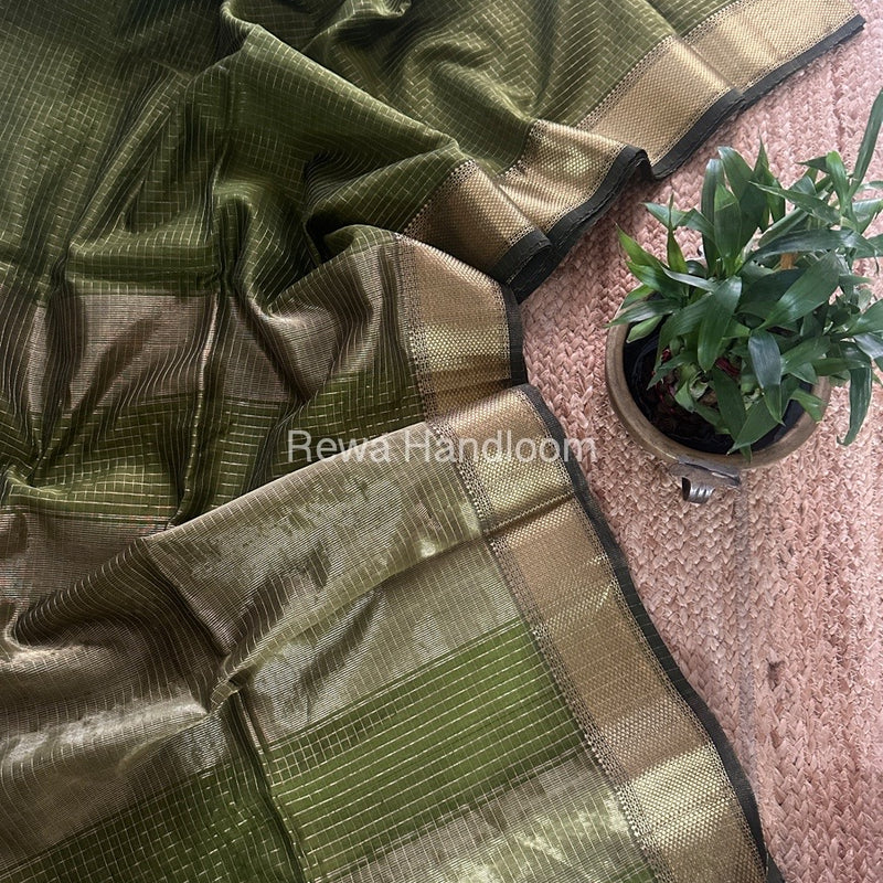 Maheshwari Mehendi Green Zari Checks Saree ZCHX358