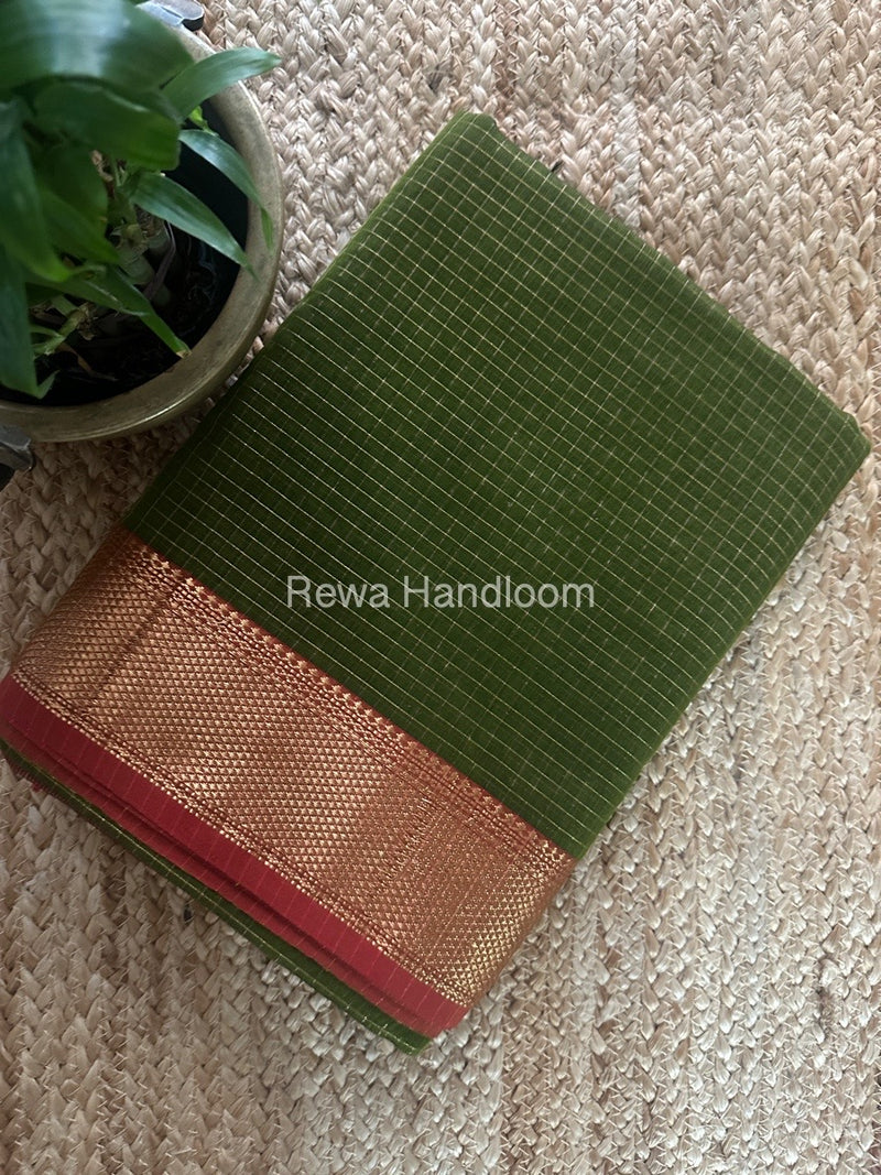 Maheshwari Mehendi Green Zari Checks Saree ZCHX360