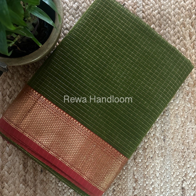 Maheshwari Mehendi Green Zari Checks Saree ZCHX360