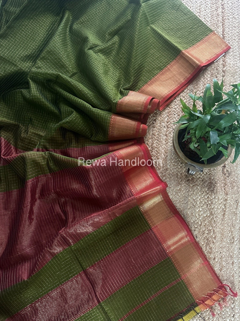 Maheshwari Mehendi Green Zari Checks Saree ZCHX360