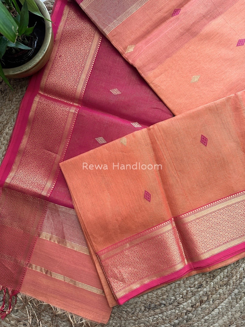 Maheshwari Peach Tissue Silk Saree TBBS012