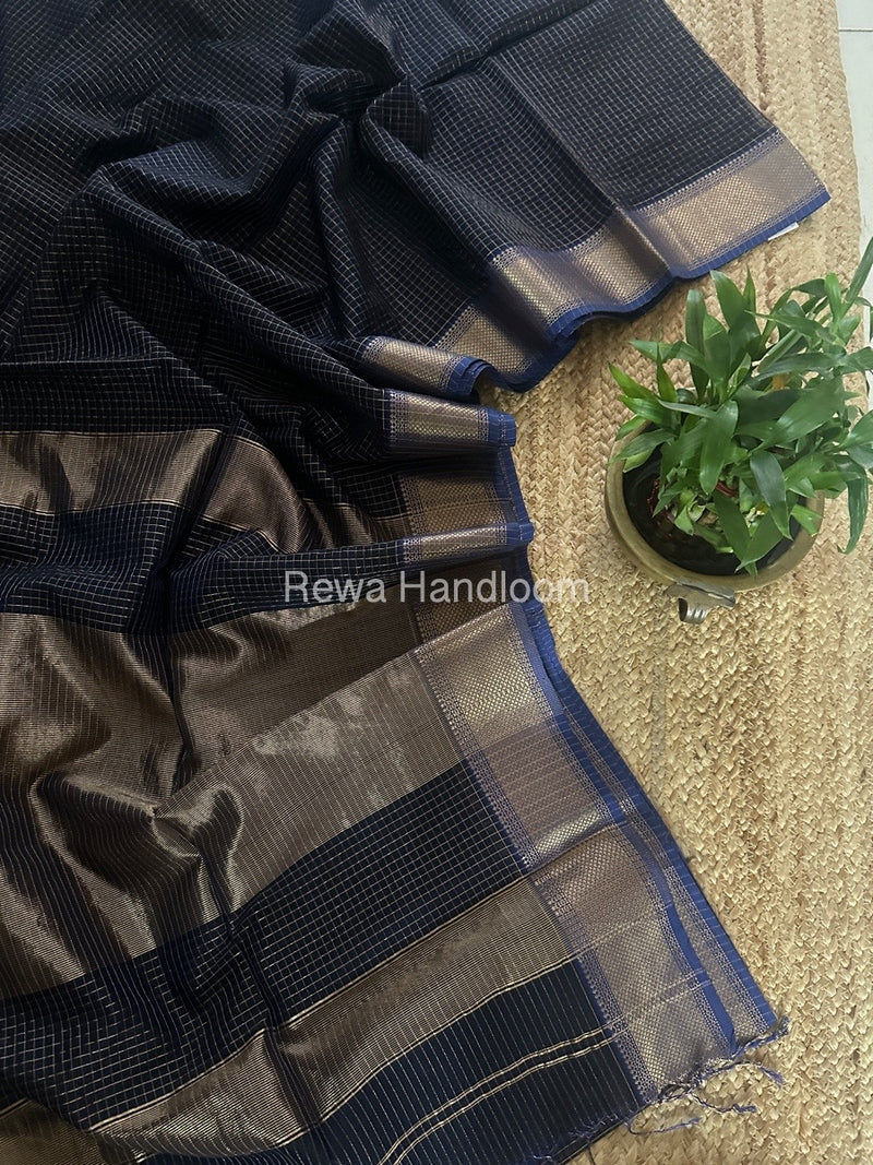 Maheshwari Blue Zari Checks Saree ZCHX361