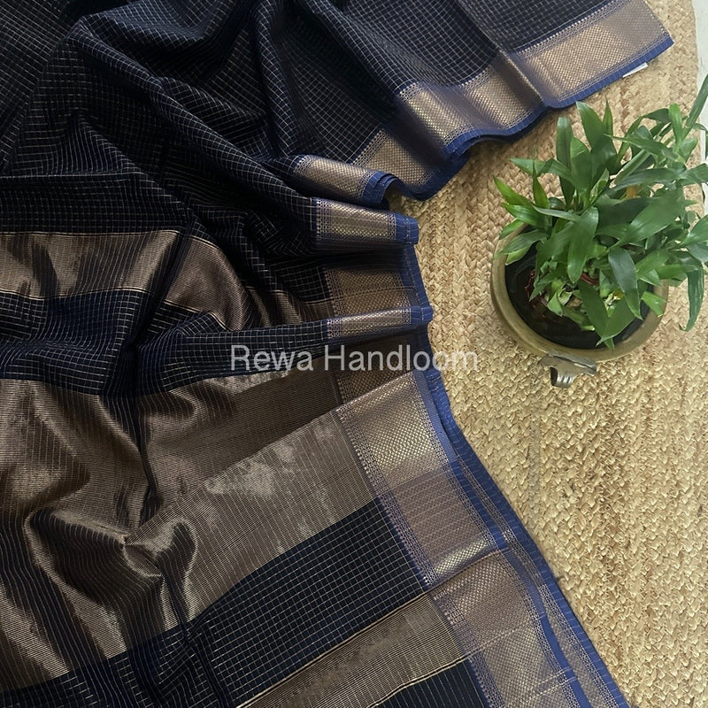 Maheshwari Blue Zari Checks Saree ZCHX361