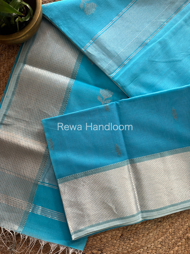 Maheshwari Sky Blue Silver Zari Buta- Buti Saree SBP04
