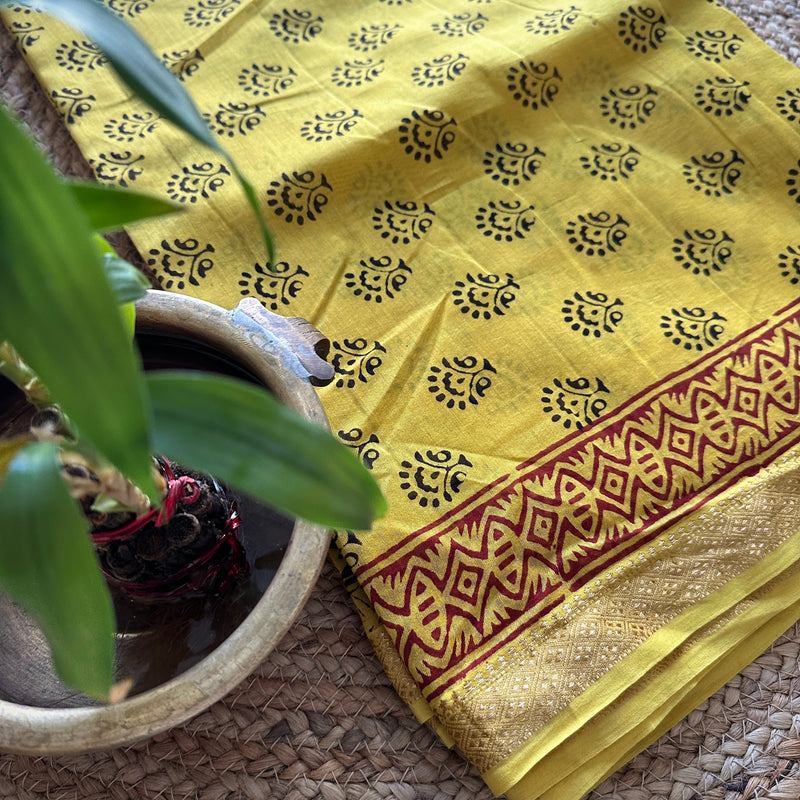 Maheshwari Yellow  Black Panel Dupatta Bagh Print Suit 