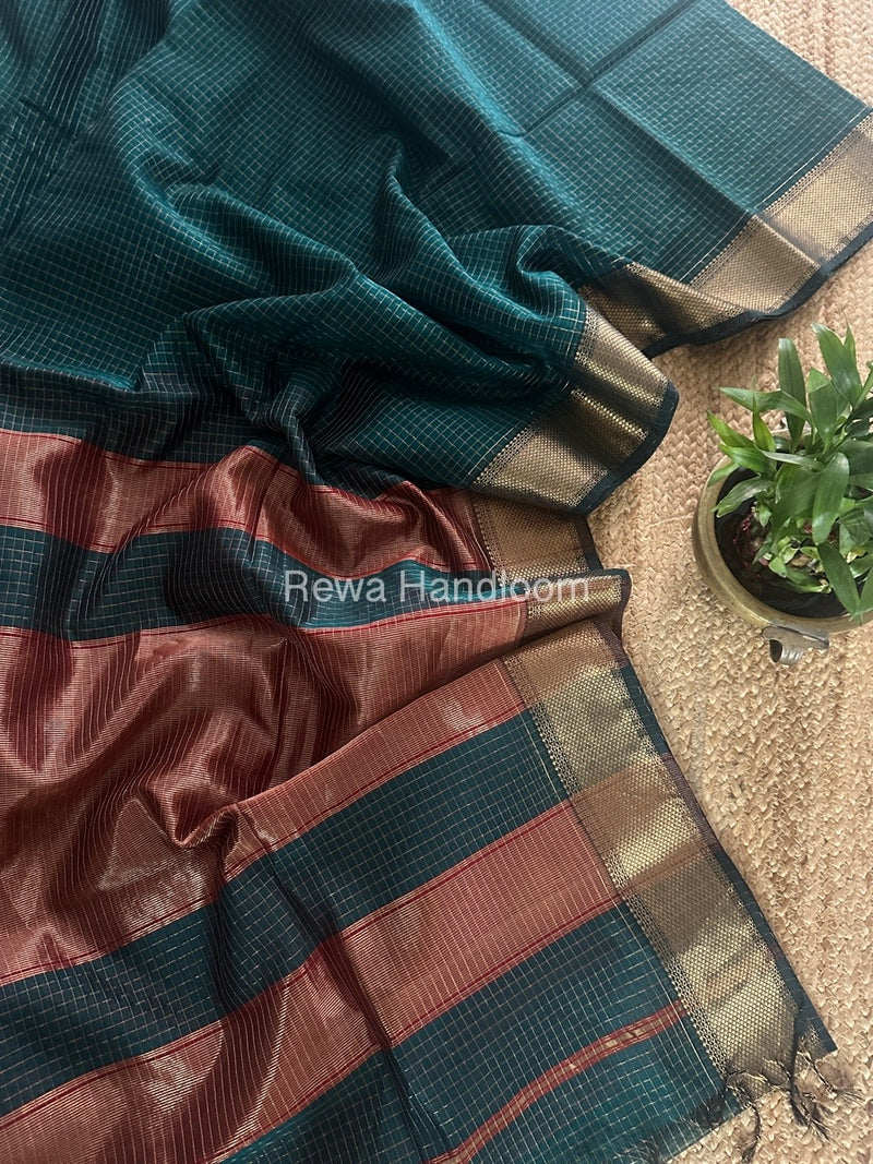 Maheshwari Rama Green Zari Checks Saree ZCHX362