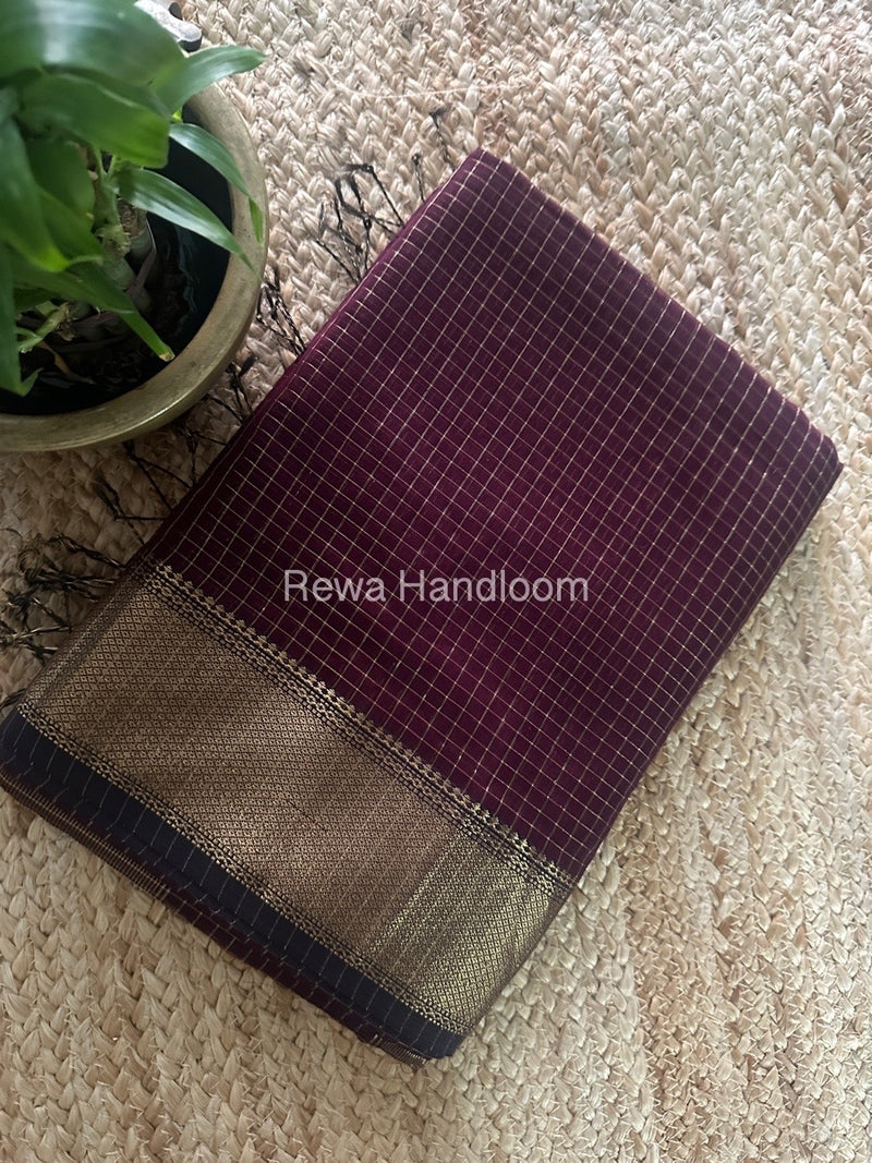 Maheshwari Wine Zari Checks Saree ZCHX363