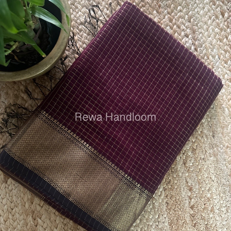 Maheshwari Wine Zari Checks Saree ZCHX363