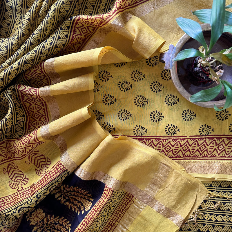 Maheshwari Yellow with Black Panel Dupatta Bagh Print Suit 