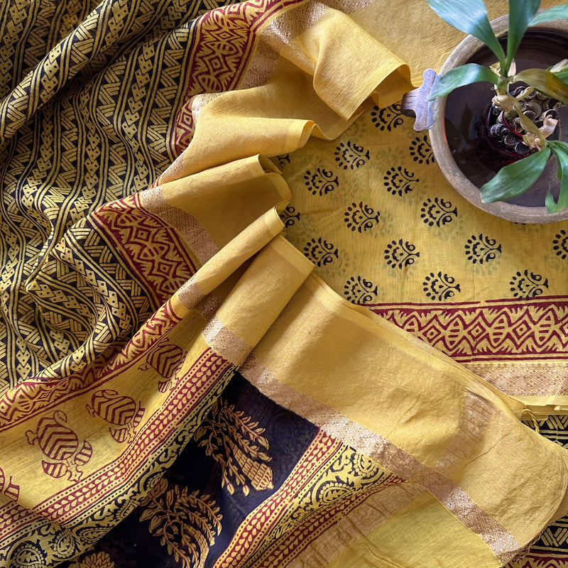 Maheshwari Yellow with Black Panel Dupatta Bagh Print Suit 