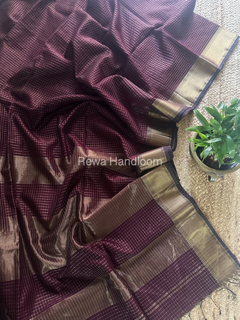 Maheshwari Wine Zari Checks Saree ZCHX363