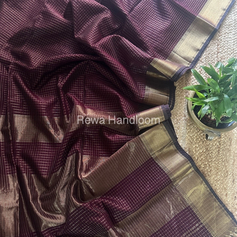 Maheshwari Wine Zari Checks Saree ZCHX363