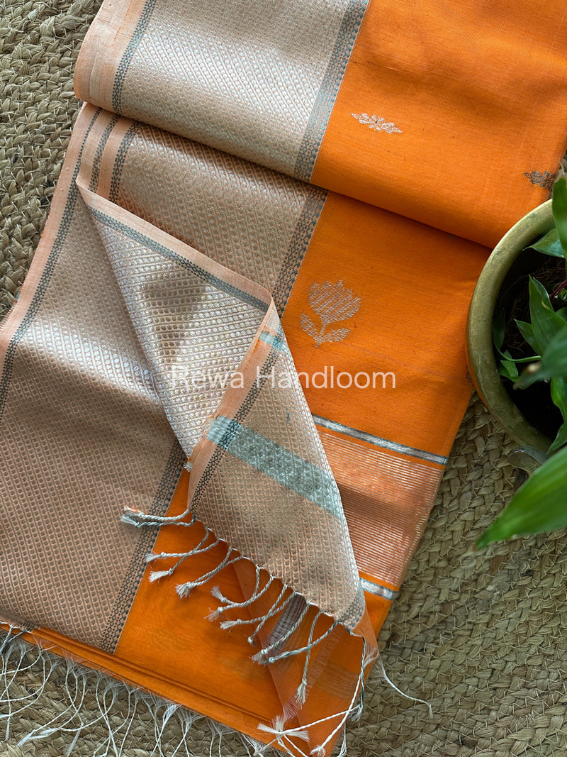 Maheshwari Orange Silver Zari Buta-Buti Saree SBP12
