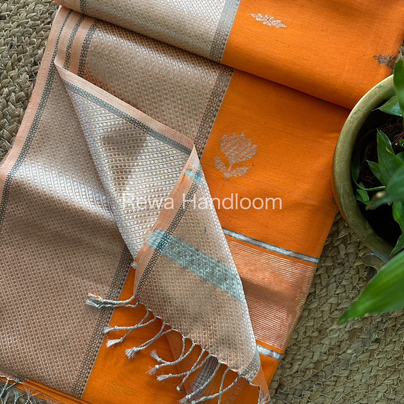 Maheshwari Orange Silver Zari Buta-Buti Saree SBP12