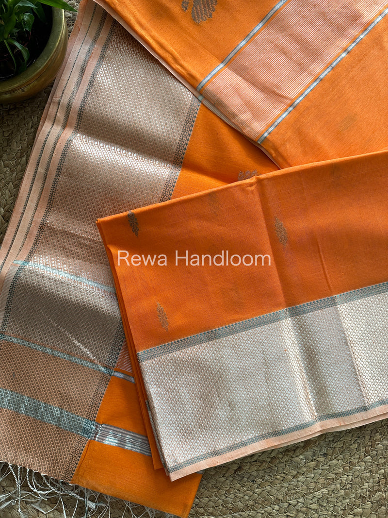 Maheshwari Orange Silver Zari Buta-Buti Saree SBP12