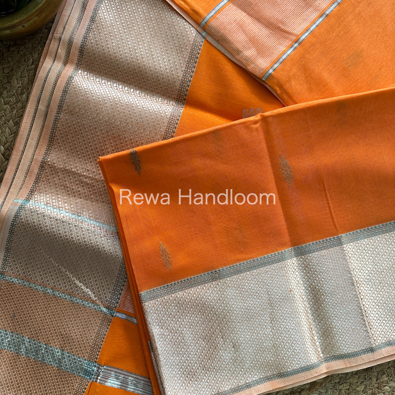 Maheshwari Orange Silver Zari Buta-Buti Saree SBP12