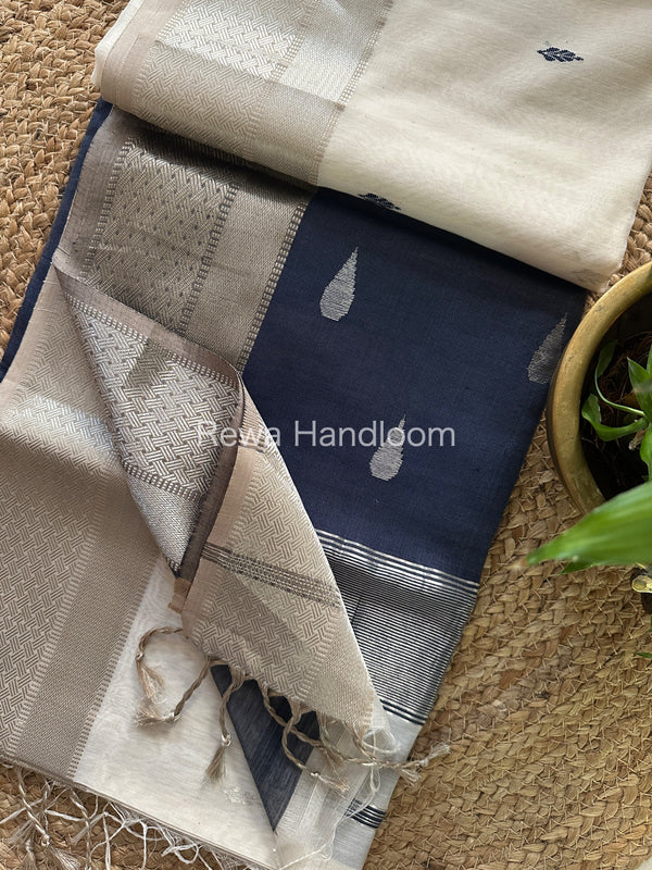 Maheshwari White Blue Silver Zari Buta-Buti Saree SBP17