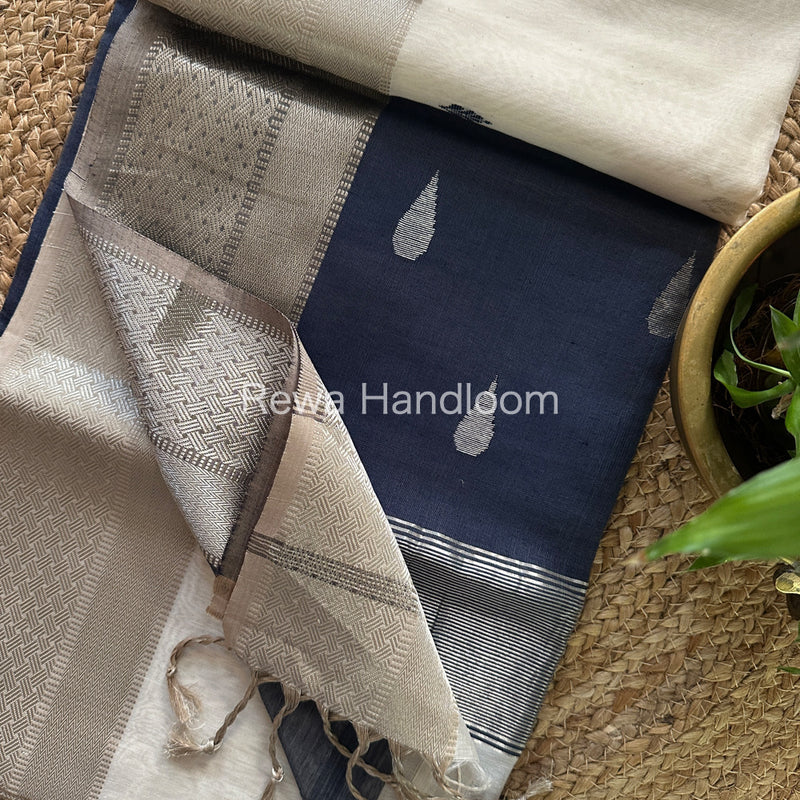 Maheshwari White Blue Silver Zari Buta-Buti Saree SBP17