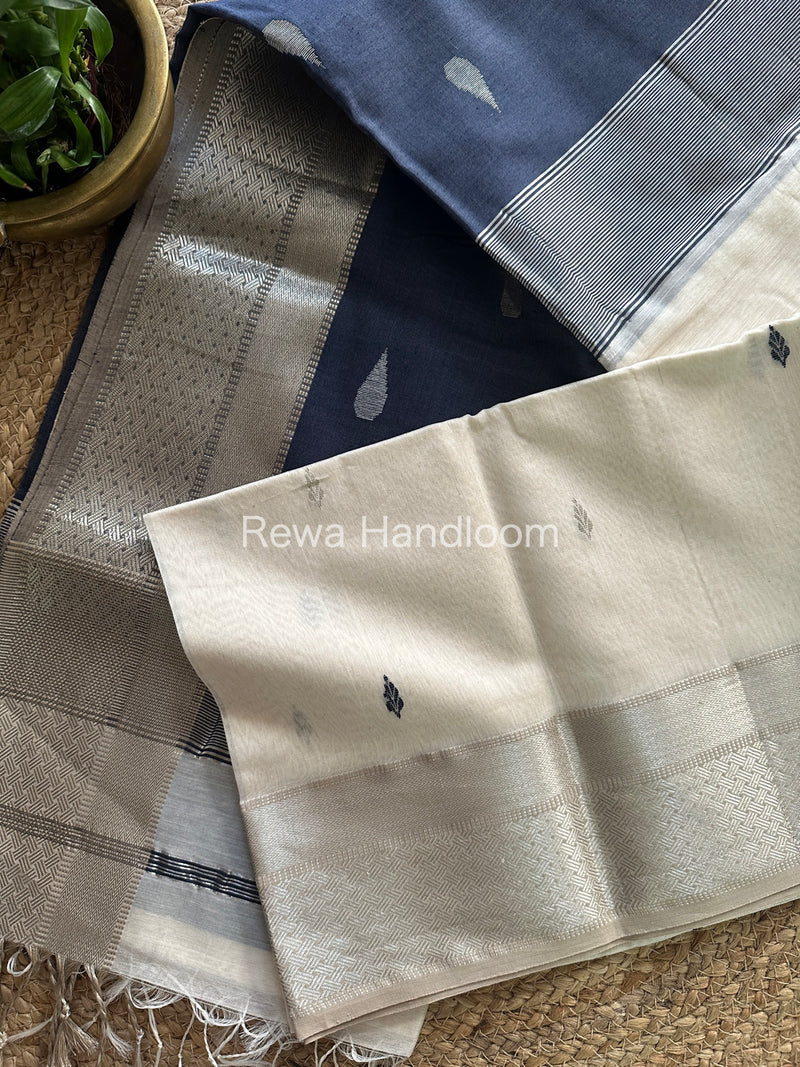 Maheshwari White Blue Silver Zari Buta-Buti Saree SBP17