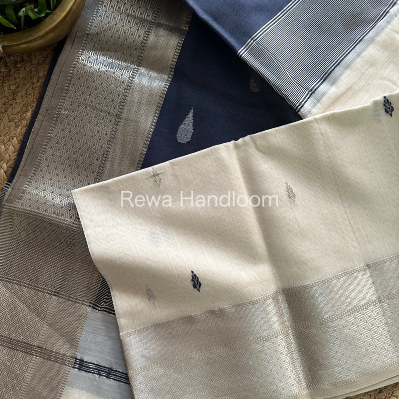 Maheshwari White Blue Silver Zari Buta-Buti Saree SBP17